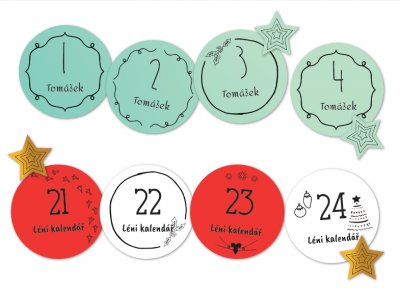 KALENDÁŘ ADVENTNÍ samolepky 30mm (24+8ks) - Vánoční