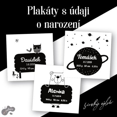 ČERNÁ na BÍLÉ Plakát s údaji o narození 30x30cm